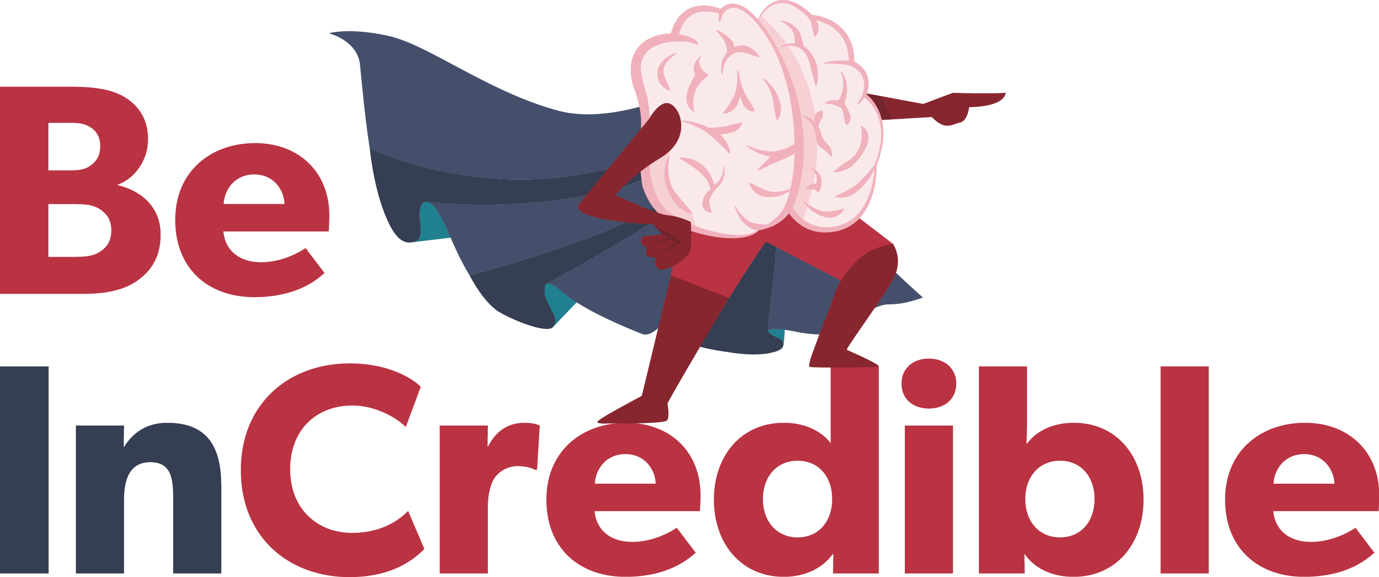 Brain with cape standing on top of 'Be In Credible' letters