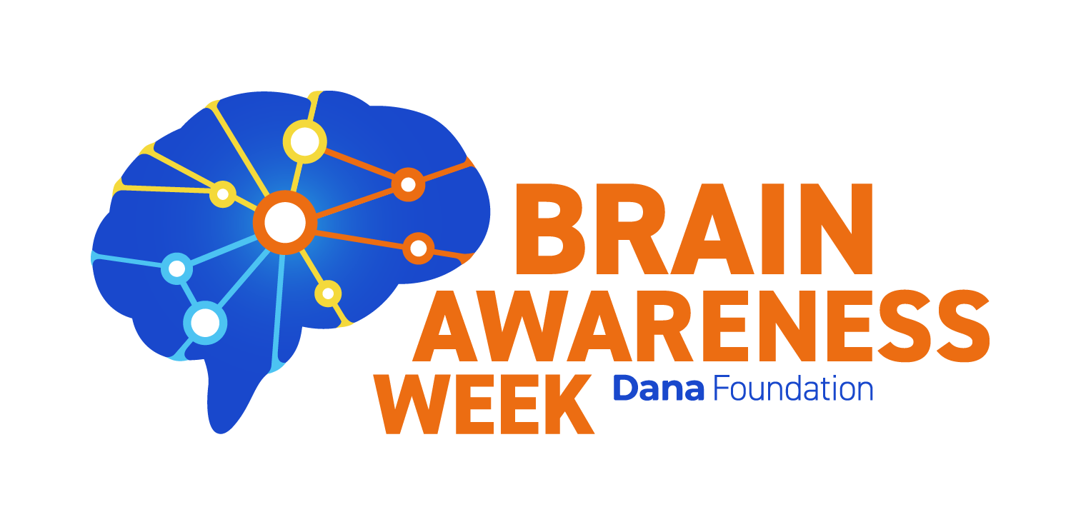 Blue brain with Brain Awareness week text in orange