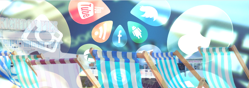 social media logos against a background of Brighton beach and deckchairs