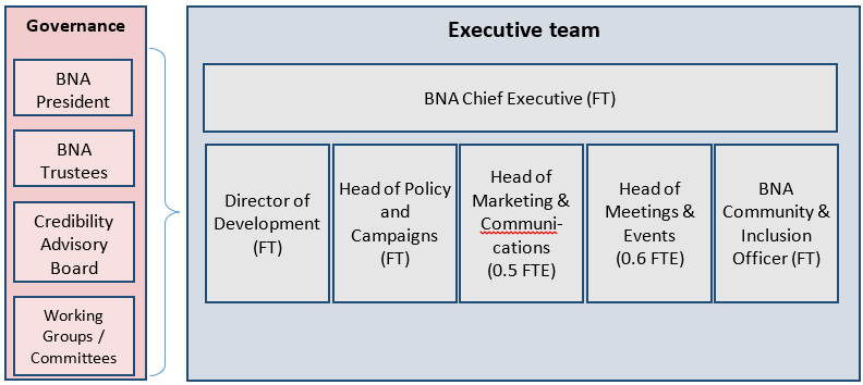 BNA organisational chart, showing how the BNA Governance (consisting of BNA President, Trustees, Credibility Advisory Board, and Working Groups / Committees) oversee work of the BNA Executive team (headed by the full time Chief Executive, leading the Full time Director of Development, Full Time Head of Policy and Campaigns, part time head of marketing and communications, part time head of meetings and events, and full time BNA Community and Inclusion Officer).