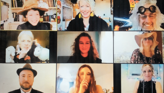 Professor Annette Dolphin (left, middle row) bringing a touch of fun to the many Zoom calls during the Covid pandemic, complete with festive costumes and playful antics.