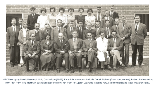 MRC Neuropsychiatric Research Unit, Carshalton (1963). Early BRA members include Derek Richter (front row, centre), Robert Balazs (front row, fifth from left), Herman Bachelard (second row, 7th from l